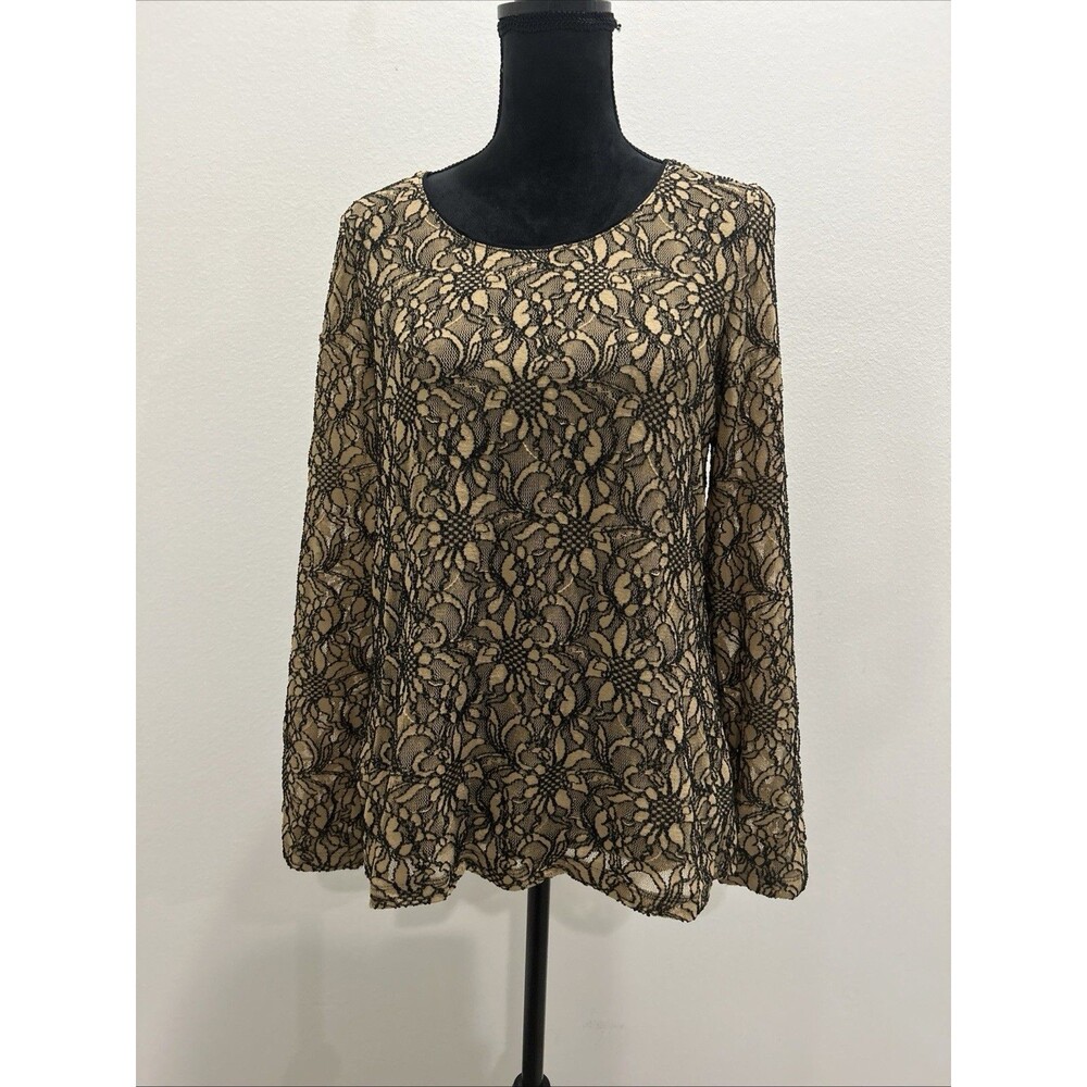 Chicos Sz 2 Womens L Blouse Lace Top Gold Black Floral Scoop Neck Long Sleeve